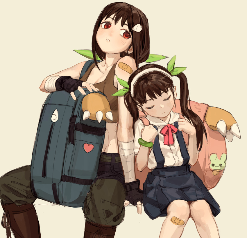 2girls abs absurdres age_difference aged_up backpack bag bakemonogatari bandaged_arm bandages bandaid bandaid_on_knee bandaid_on_leg bandaid_on_shoulder bare_shoulders belt between_legs black_gloves black_hair black_pants blouse blue_skirt boots breasts brown_footwear brown_sports_bra cargo_pants chinese_commentary cleavage closed_eyes closed_mouth collarbone commentary dual_persona feet_out_of_frame fingerless_gloves gloves green_belt green_bracelet green_pants green_ribbon hachikuji_mayoi hair_ornament hair_ribbon hairband hairclip hand_between_legs head_tilt height_difference highres kabukimonogatari knee_boots knees_together_feet_apart leaning_on_person leaning_to_the_side light_blush long_hair looking_at_another looking_to_the_side medium_breasts midriff monogatari_(series) multiple_girls pants parted_lips pleated_skirt ponytail red_eyes ribbon school_uniform shirt short_sleeves side-by-side simple_background sitting skirt sleeping snail_hair_ornament solipsist sports_bra spread_legs stuffed_toy suspender_skirt suspenders twintails two-tone_pants white_background white_hairband white_shirt