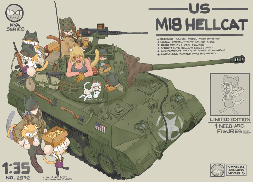 19vodnik :3 absurdres american_flag animal_ears axe black_tank_top blonde_hair browning_m2 canteen cat_ears cat_girl cat_tail character_request chibi english_text explosive gloves green_jacket grey_background gun heavy_machine_gun highres jacket m18_hellcat m1_carbine m3_submachine_gun machine_gun military military_vehicle model_kit motor_vehicle neco-arc purple_skirt shirt skirt submachine_gun tail tank tank_top tnt tsukihime united_states_army weapon white_shirt yellow_gloves