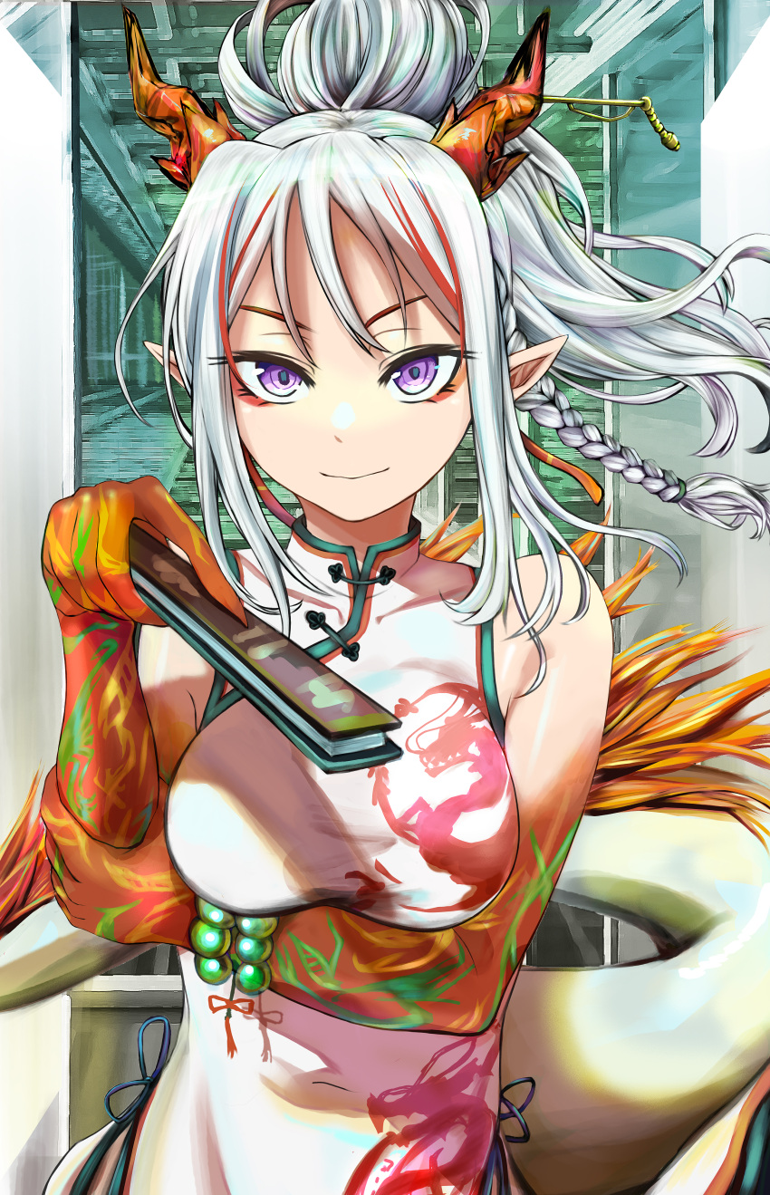 1girl absurdres arknights bazil bead_necklace beads braid breasts china_dress chinese_clothes closed_mouth dragon_girl dragon_print dragon_tail dress hand_fan highres holding holding_fan horns jewelry large_breasts multicolored_hair necklace nian_(arknights) pointy_ears ponytail purple_eyes smile solo streaked_hair tail white_dress white_hair