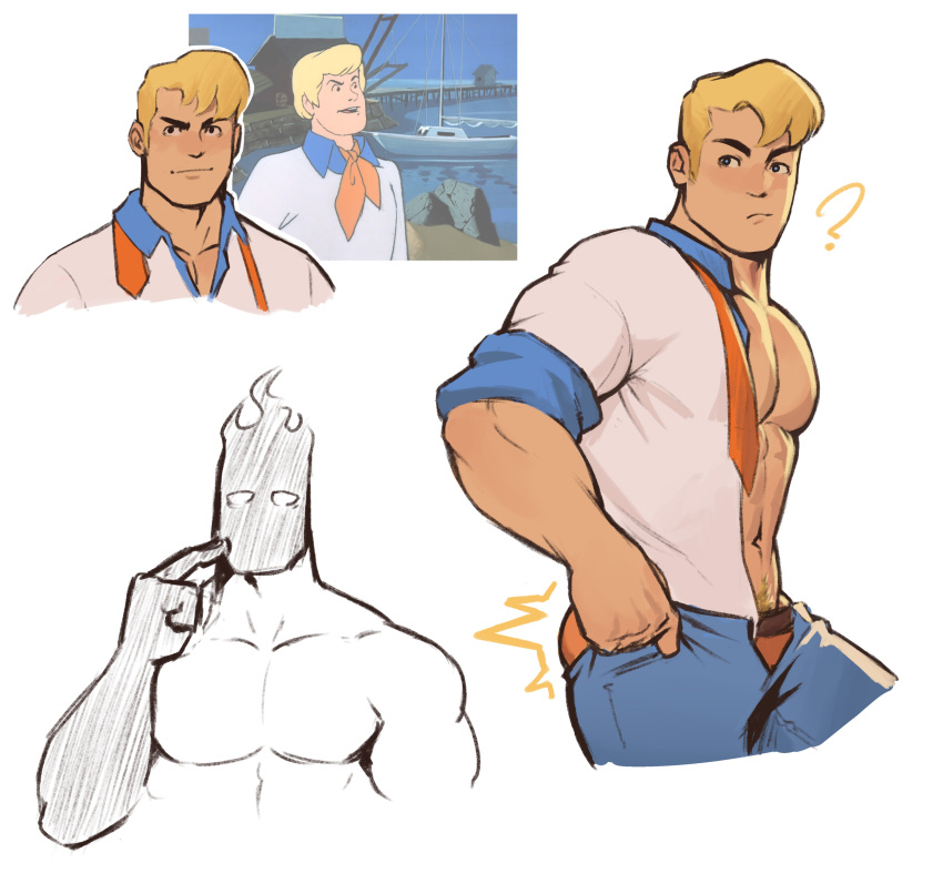2boys ? absurdres ass_lift bara blonde_hair blue_pants blue_shirt closed_mouth collage dressing fred_jones highres i've_never_seen_a_guy_recreate_this_successfully_tbh_(meme) large_pectorals male_focus male_underwear male_underwear_peek meme multiple_boys navel_hair necktie open_clothes open_pants open_shirt orange_male_underwear original pants pants_lift pectorals photo-referenced scooby-doo shirt short_hair simple_background smile two-tone_shirt undersized_clothes underwear undone_necktie white_shirt whyhelbram