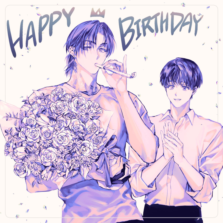 2boys bouquet collared_shirt commentary_request english_text eoduun_badaui_deungbul-i_doeeo flower happy_birthday highres holding holding_bouquet kim_jaehee korean_commentary looking_at_viewer male_focus meltdownotk monochrome multiple_boys park_moo-hyun party_horn prosthetic_fingers purple_theme rose shirt short_hair simple_background smile standing white_background