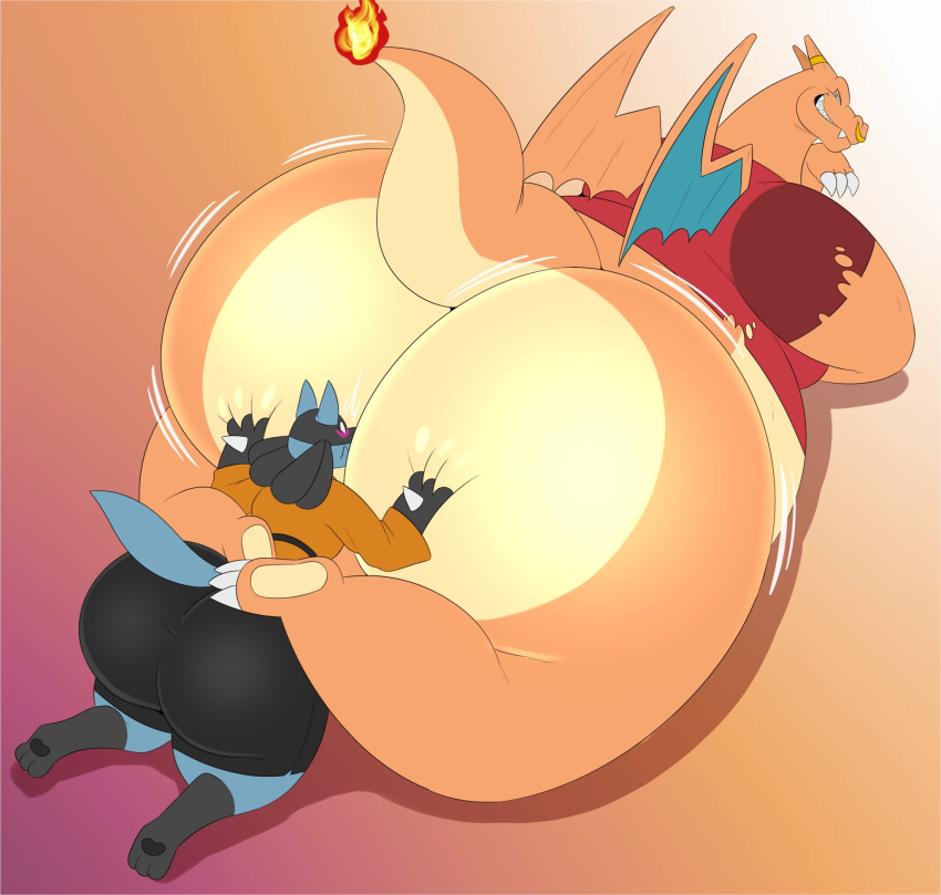 anthro big_butt blue_body blush bottom_heavy bottomless bottomwear brutus_(megacoolbear) bubble_butt butt charizard clothed clothing duo face_in_ass facial_piercing fire flaming_tail generation_1_pokemon generation_4_pokemon hi_res huge_butt huge_hips hyper hyper_butt lucario lying male male/male megacoolbear_(artist) nintendo nose_piercing nose_ring on_front orange_body overweight overweight_anthro overweight_male piercing pokemon pokemon_(species) red_clothing red_shirt red_topwear ring_piercing shirt shorts size_difference tail thick_thighs topwear torn_clothing torn_shirt torn_topwear wings
