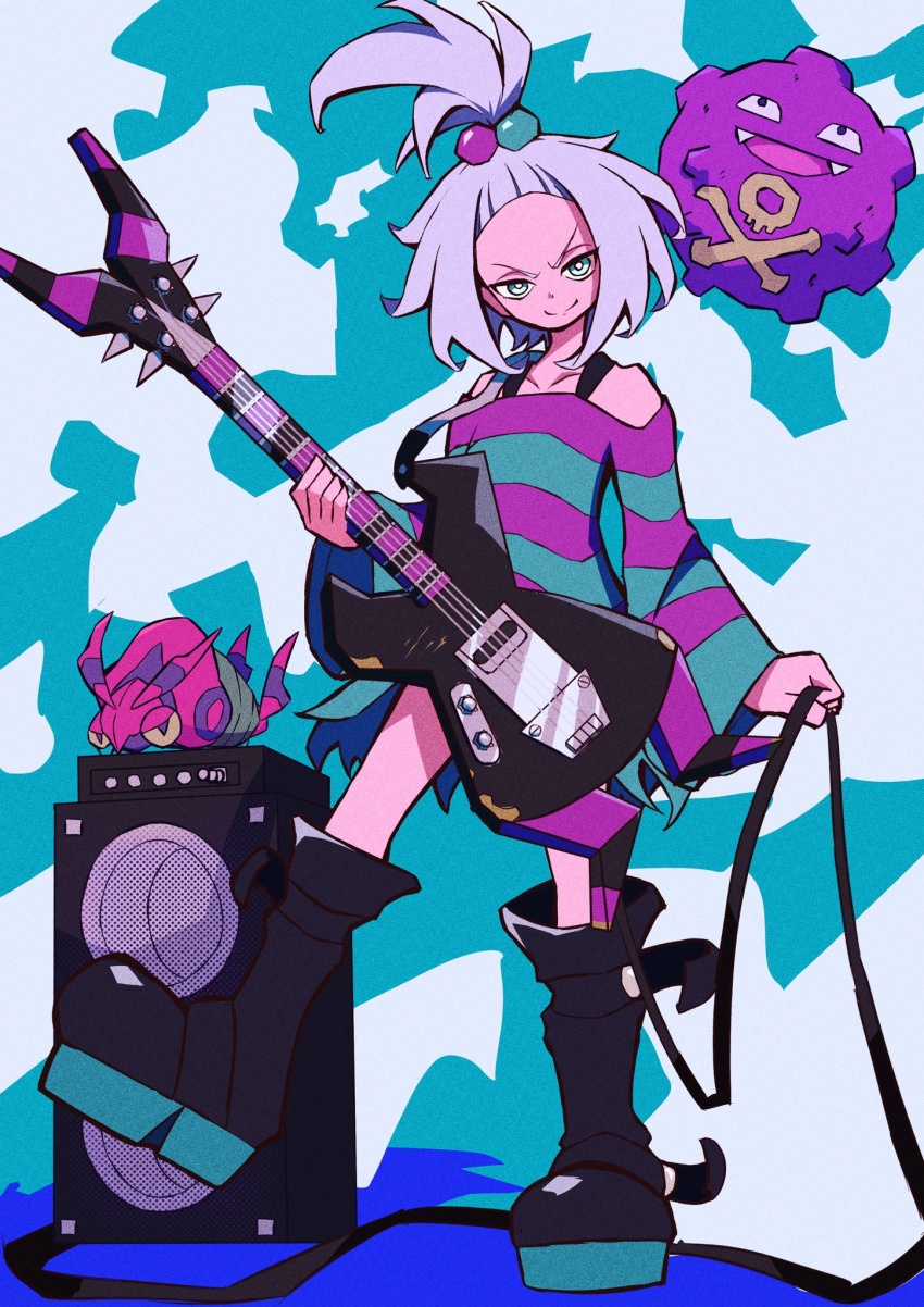 1girl blue_eyes blue_shirt boots electric_guitar guitar hair_ornament highres holding holding_instrument ida_(idalol490) instrument koffing multicolored_background off_shoulder pokemon pokemon_(creature) pokemon_(game) pokemon_bw2 purple_shirt roxie_(pokemon) shirt speaker striped striped_shirt venipede white_hair