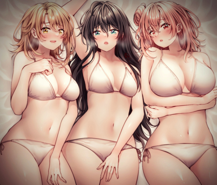 3girls :d arm_up arms_under_breasts bikini black_hair blonde_hair blue_eyes blush breasts brown_hair cleavage commentary_request hand_up highres isshiki_iroha large_breasts long_hair looking_at_viewer lying medium_breasts medium_hair multiple_girls navel on_back open_mouth parted_lips pink_hair red_eyes red_hayao short_hair sidelocks small_breasts smile swimsuit white_bikini yahari_ore_no_seishun_lovecome_wa_machigatteiru. yellow_eyes yuigahama_yui yukinoshita_yukino