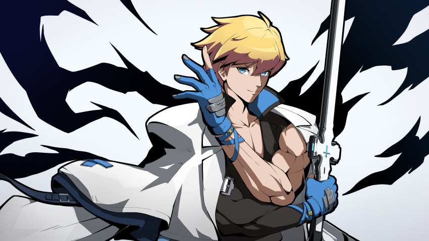 1boy absurdres blonde_hair blue_eyes blue_gloves electricity fingerless_gloves gloves guilty_gear guilty_gear_strive hair_between_eyes highres jacket jacket_on_shoulders ky_kiske looking_at_viewer male_focus partially_fingerless_gloves pectoral_cleavage pectorals short_hair simple_background smile thunderseal white_jacket yzbr