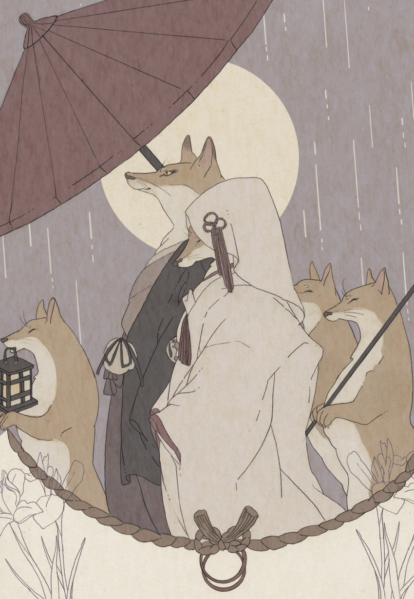 1boy 1girl 3others black_kimono closed_eyes fox full_moon highres holding holding_lantern hood hood_up japanese_clothes kimono kitsune lantern long_sleeves moon multiple_others no_humans oil-paper_umbrella original rain red_umbrella rope smile surie umbrella wedding white_kimono wide_sleeves