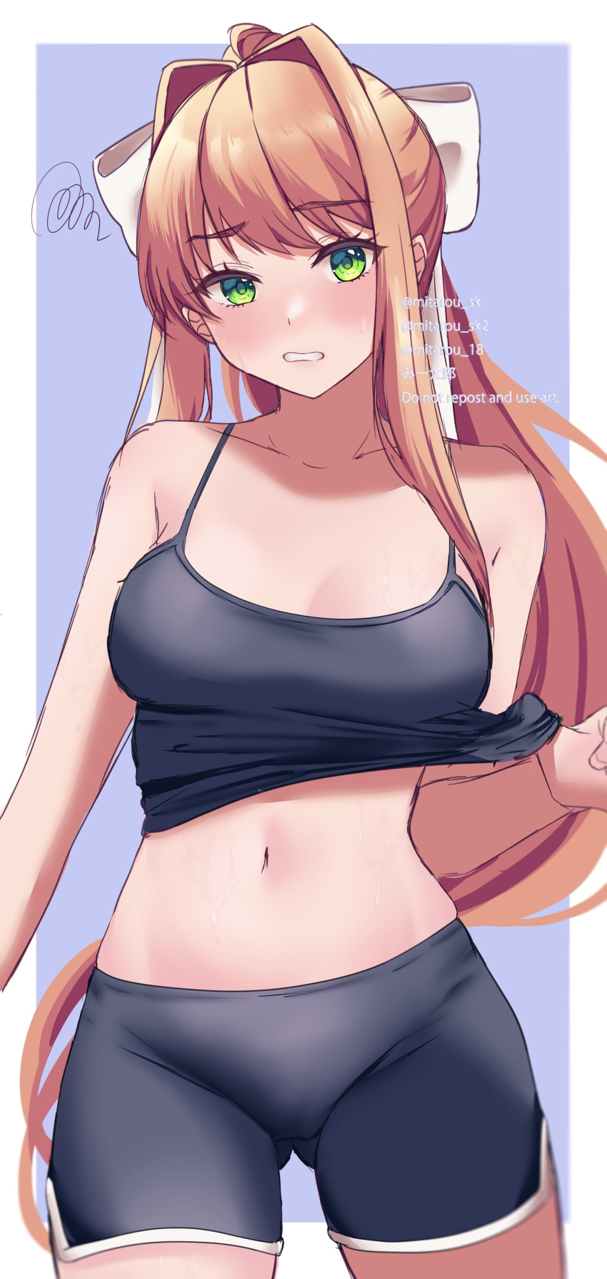 1girl absurdres black_shorts black_sports_bra bow breasts brown_hair clothes_pull collarbone doki_doki_literature_club green_eyes hair_bow highres long_hair looking_at_viewer medium_breasts mi_tarou0412 monika_(doki_doki_literature_club) navel ponytail shorts solo sports_bra sports_bra_pull white_bow