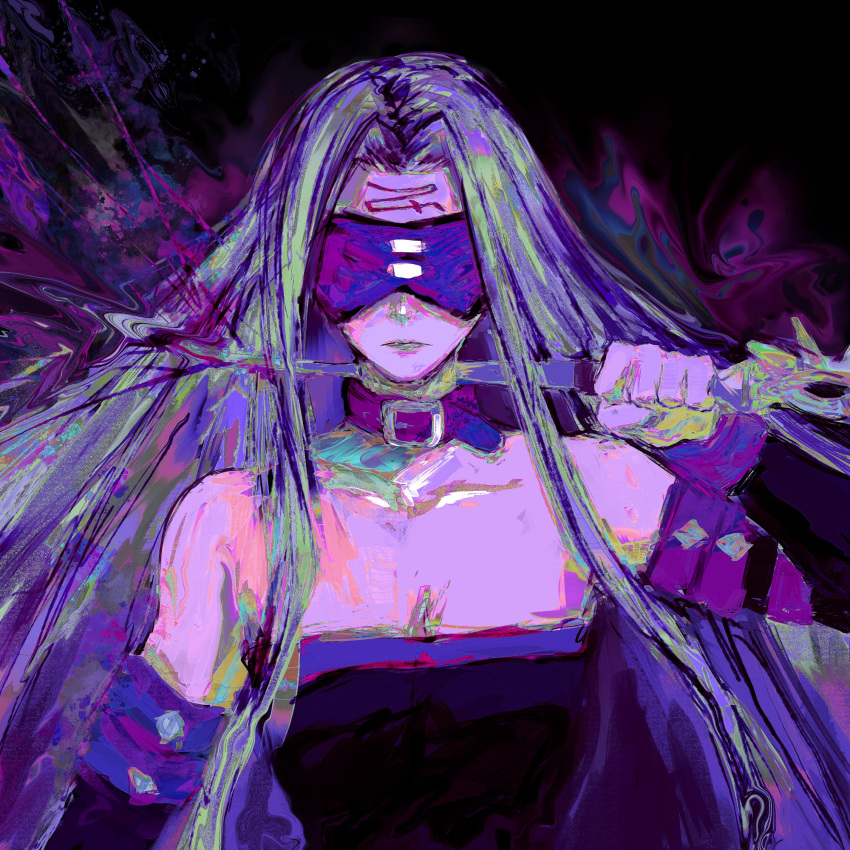 1girl blindfold choker detached_sleeves facial_mark fate/stay_night fate_(series) forehead_mark highres long_hair medusa_(fate) medusa_(rider)_(fate) nameless_dagger_(fate) purple_choker purple_hair purple_theme solo upper_body user_jrxf4874