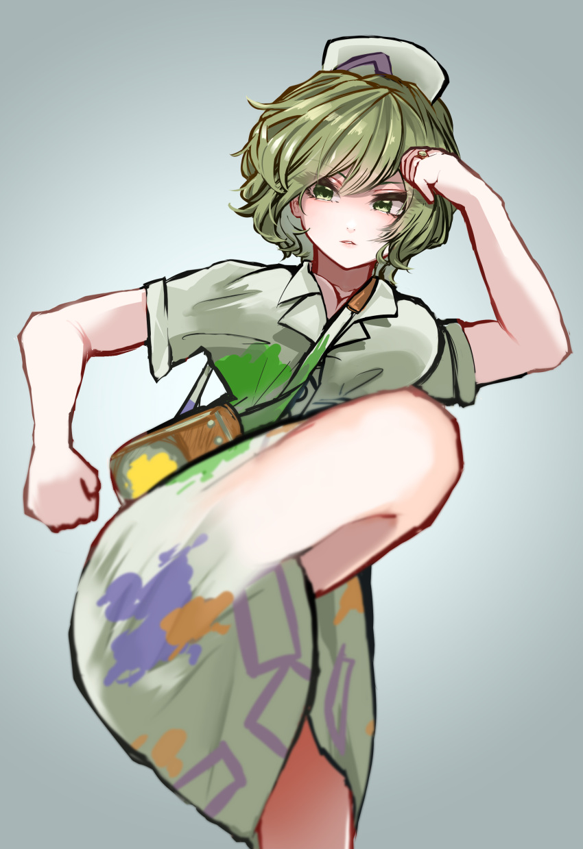 1girl absurdres closed_mouth dress green_eyes green_hair grey_background highres kicking looking_at_viewer nurse ofuda ofuda_on_clothes short_hair short_sleeves soga_no_tojiko soga_no_tojiko_(electric_nurse) solo takana_(forsterite) touhou touhou_lost_word white_dress white_headwear