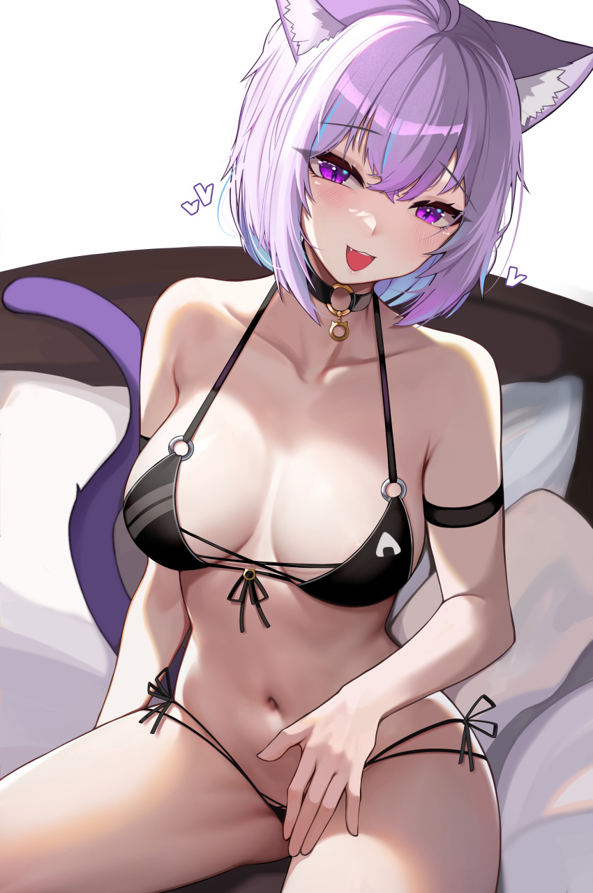 1girl :d absurdres ahoge animal_ear_fluff animal_ears arm_strap bare_shoulders bikini black_bikini blush breasts cat_ears cat_girl cat_tail choker collar collarbone crossed_bangs fang front-tie_bikini_top front-tie_top glasses hair_between_eyes halterneck head_tilt heart highres hololive kkato large_breasts looking_at_viewer navel nekomata_okayu o-ring o-ring_choker on_bed open_mouth purple_eyes purple_hair short_hair side-tie_bikini_bottom sidelighting simple_background sitting smile solo stomach string_bikini swimsuit tail tail_raised virtual_youtuber white_background