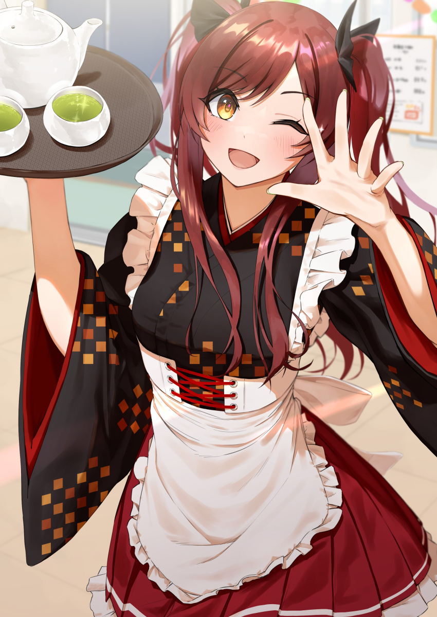 1girl absurdres alternate_hairstyle apron black_kimono blush checkered_clothes checkered_kimono cup frilled_apron frills hair_ribbon hand_up highres holding holding_tray idolmaster idolmaster_shiny_colors indoors japanese_clothes kaiso_(kaisooekaki) kimono kimono_skirt long_hair long_sleeves looking_at_viewer one_eye_closed open_mouth osaki_amana pleated_skirt red_hair red_skirt ribbon skirt smile solo standing swept_bangs teacup teapot tray twintails waitress white_apron wide_sleeves yellow_eyes