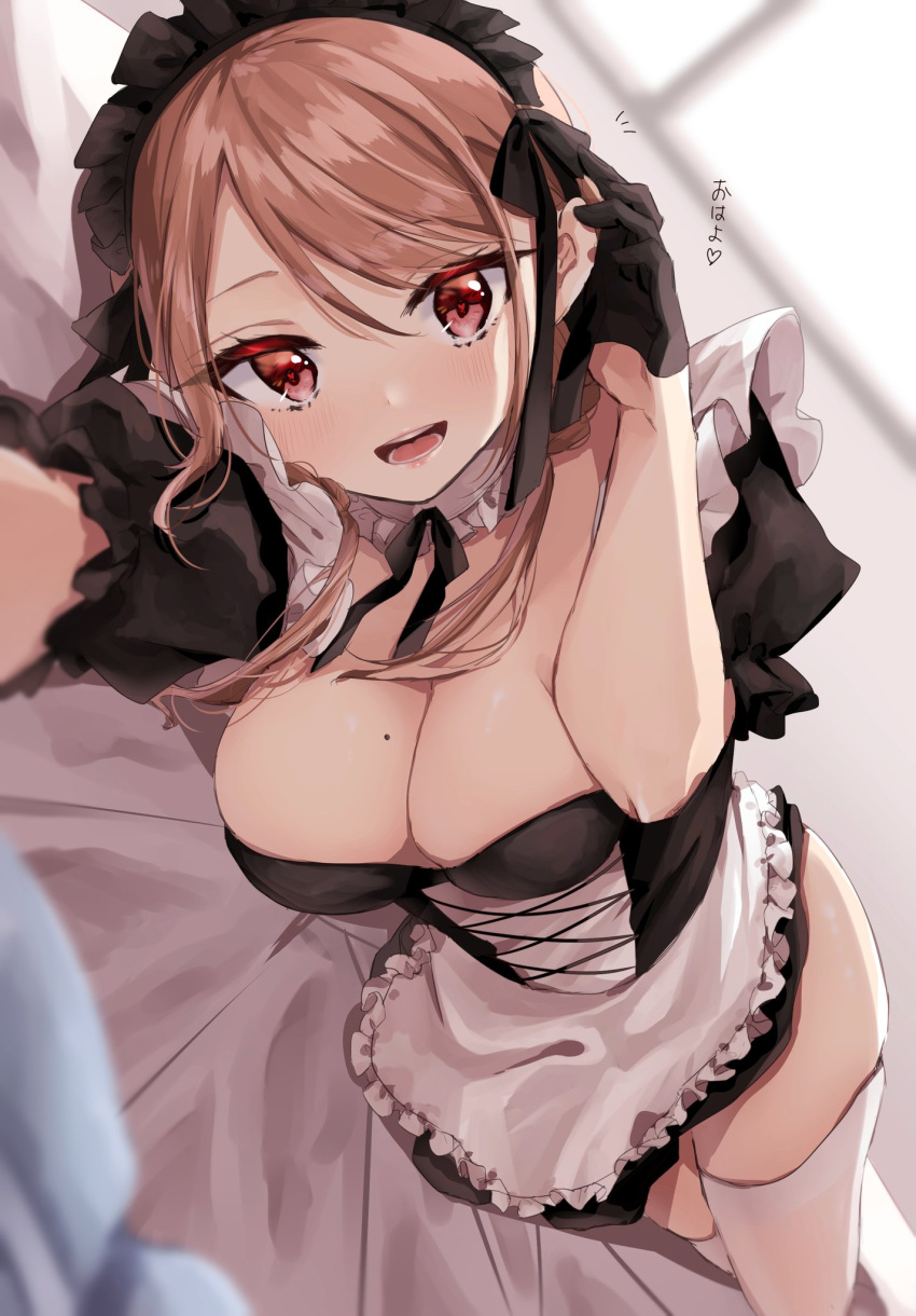 1girl :d apron black_dress black_gloves black_hairband black_ribbon blurry blurry_background blush braid breasts brown_hair chigusa_minori cleavage commentary detached_collar dress frilled_apron frills gloves hair_between_eyes hair_tucking hairband half_gloves heart heart-shaped_pupils highres kokoro_iroduku_koi_ga_shitai large_breasts long_hair looking_at_viewer low_twin_braids lying maid maid_headdress mole mole_on_breast momiji_ayaka neck_ribbon on_bed on_side open_mouth pov puffy_short_sleeves puffy_sleeves reaching reaching_towards_viewer red_eyes ribbon short_sleeves sidelocks skindentation smile solo symbol-shaped_pupils teeth thighhighs thighs translated twin_braids white_apron white_thighhighs