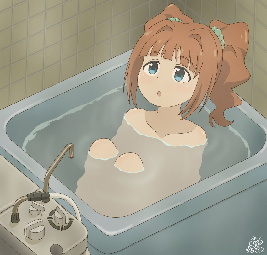 1girl bathing bathroom bathtub blue_eyes blush bow brown_hair completely_nude dated faucet green_bow hair_bow highres idolmaster idolmaster_(classic) idolmaster_million_live! idolmaster_million_live!_theater_days kirie_dou knees_up long_hair looking_at_viewer looking_up nude open_mouth partially_submerged signature sitting solo steam takatsuki_yayoi twintails