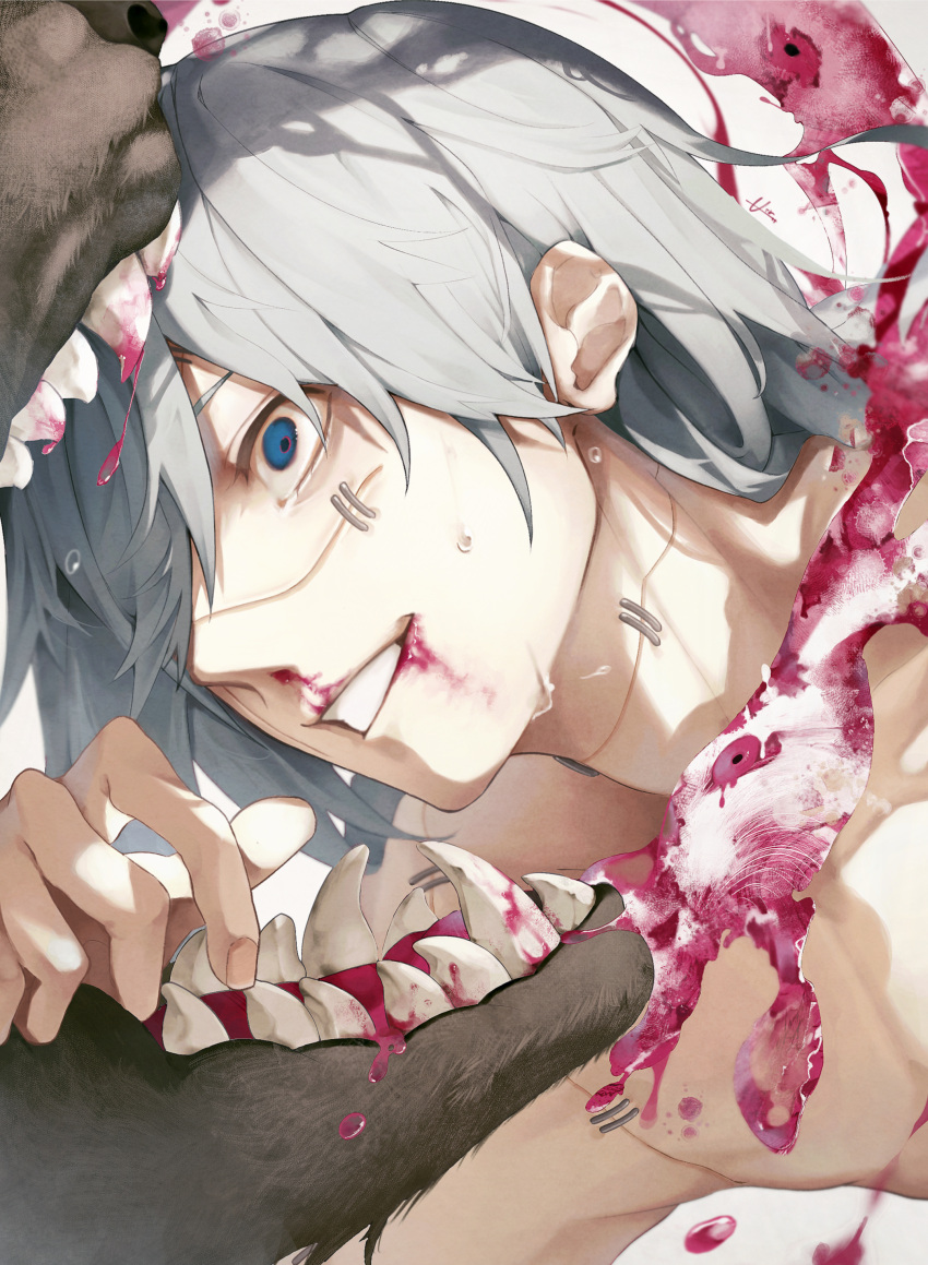 1boy absurdres air_(ai_r_) bare_shoulders blood blood_drop blood_on_face blood_on_mouth blood_splatter blue_eyes fingernails flying_sweatdrops grey_hair grin hair_between_eyes hair_over_one_eye highres jujutsu_kaisen long_hair looking_ahead mahito_(jujutsu_kaisen) male_focus nosebleed shadow sharp_teeth sidelocks smile solo stitched_arm stitched_face stitched_hand stitched_neck stitches sweat sweatdrop teeth topless_male upper_body wide-eyed