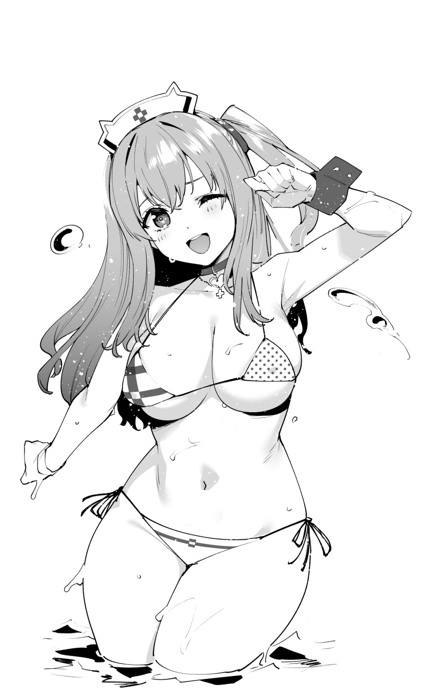 1girl arm_up bikini blush collar goddess_of_victory:_nikke greyscale hair_tie hat highres long_hair looking_at_viewer monochrome nurse_cap one_eye_closed open_mouth pepper_(nikke) pepper_(ocean_vitamin)_(nikke) side_ponytail smile solo string_bikini swimsuit teeth tomohiro_kai upper_teeth_only water wet wrist_cuffs