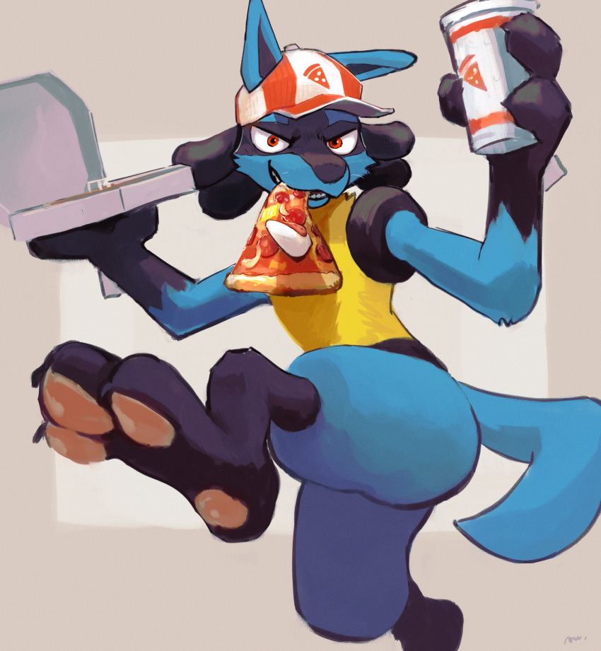 2023 3_fingers 3_toes absurd_res anthro awwchang beverage clothing feet fingers food generation_4_pokemon hat hat_only headgear headgear_only headwear headwear_only hi_res holding_beverage holding_object lucario male mostly_nude nintendo nude pizza pizza_box pizza_slice pokemon pokemon_(species) simple_background solo toes