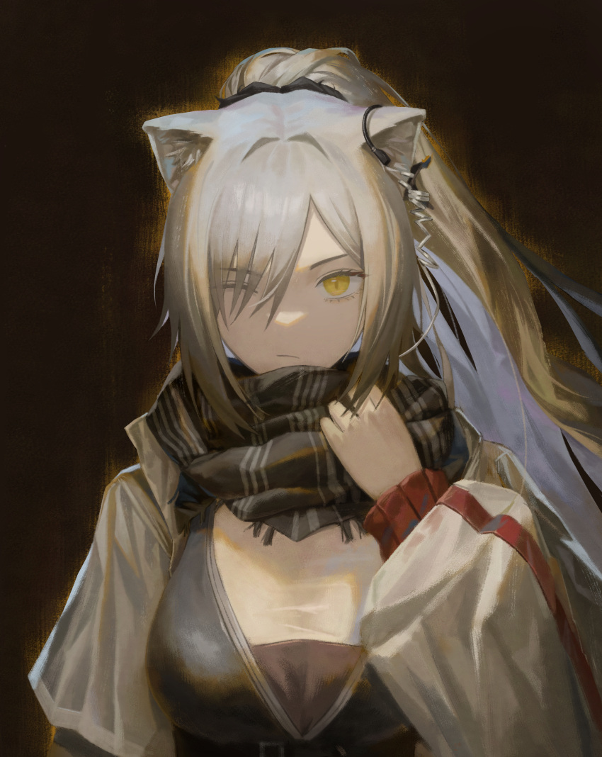 1girl absurdres animal_ears arknights black_background black_scarf cat_ears commentary_request grey_hair highres jacket long_hair looking_at_viewer one_eye_closed ponytail scarf schwarz_(arknights) solo subfiction upper_body very_long_hair white_jacket yellow_eyes