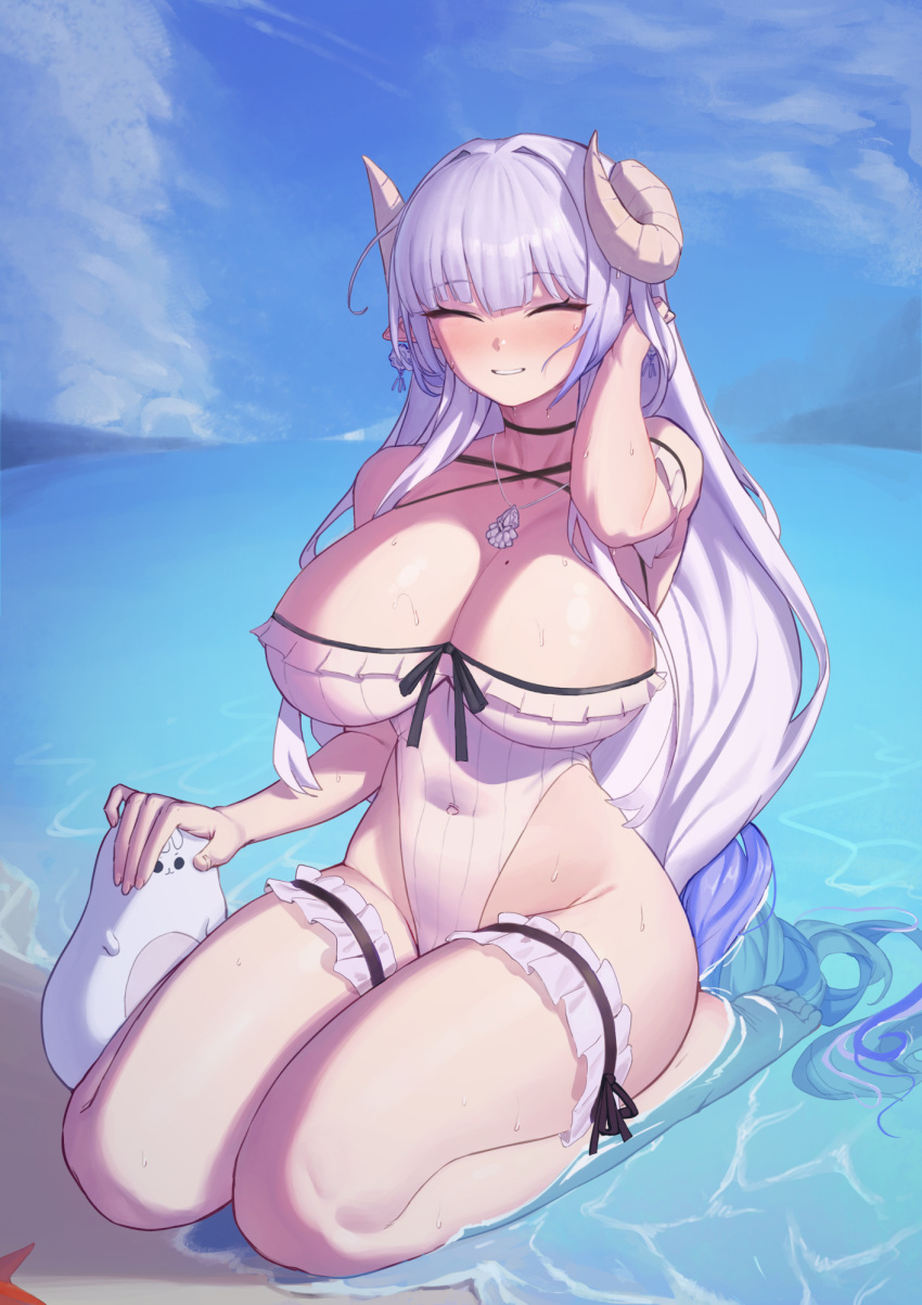 1girl barefoot blush breasts cleavage closed_eyes earrings grey_hair grin highleg highleg_swimsuit highres horns jewelry large_breasts light_purple_hair long_hair looking_at_viewer mole mole_on_breast multicolored_hair necklace ocean one-piece_swimsuit original pointy_ears purple_hair sitting smile solo suitshark swimsuit very_long_hair wet