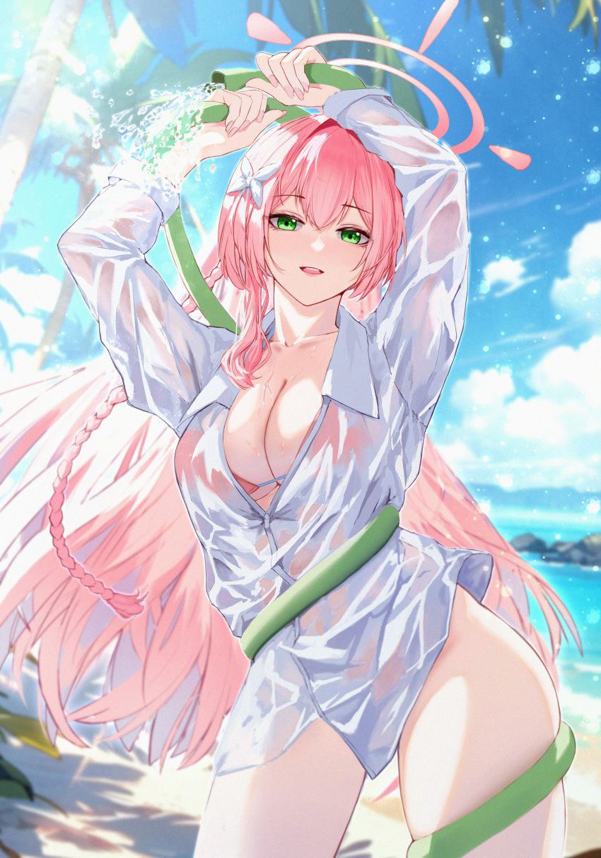 1girl absurdres arms_up beach blue_archive blue_sky breasts cloud contrapposto cowboy_shot day ddsssaaa floating_hair green_eyes halo hanako_(blue_archive) hanako_(swimsuit)_(blue_archive) highres holding holding_hose hose large_breasts long_hair looking_at_viewer open_mouth outdoors palm_tree pink_hair shirt sky solo swimsuit thighs tree very_long_hair water wet wet_clothes wet_shirt white_shirt