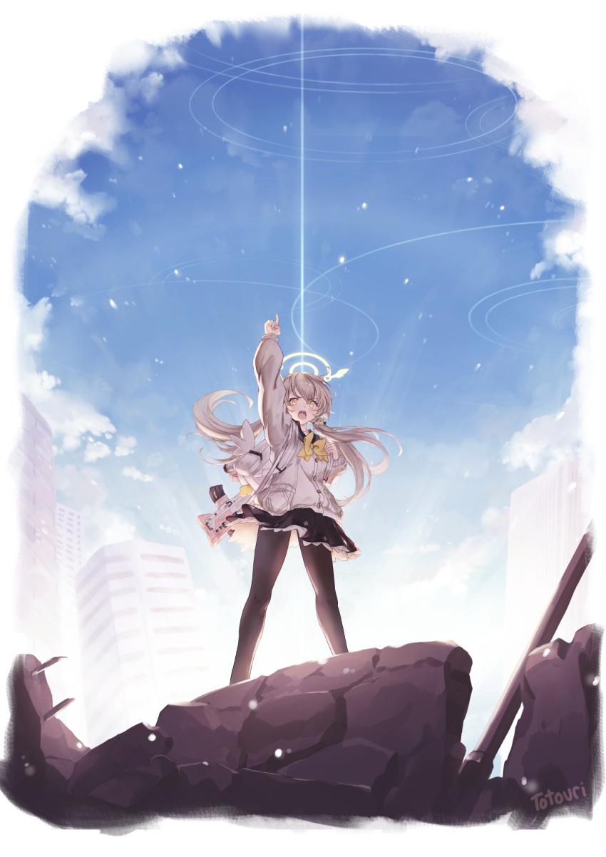 1girl :o arm_up backpack bag black_pantyhose black_skirt blue_archive blue_sky blurry brown_hair building cloud cloudy_sky commentary_request depth_of_field hair_between_eyes halo hifumi_(blue_archive) highres long_hair long_sleeves looking_at_viewer low_twintails pantyhose peroro_(blue_archive) pleated_skirt pointing pointing_up ruins school_uniform serafuku sidelocks skirt sky skyline skyscraper solo standing sunlight totouri twintails v-shaped_eyebrows wind wing_hair_ornament yellow_eyes