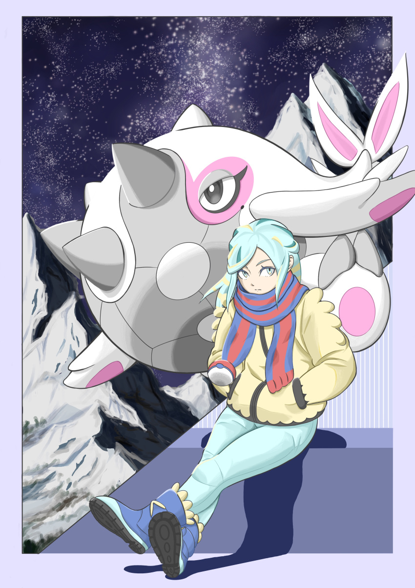 1boy absurdres blue_footwear blue_scarf boots border cetitan closed_mouth coff_(coff_corn) crossed_legs eyelashes green_hair green_pants grusha_(pokemon) hands_in_pockets highres jacket long_hair long_sleeves looking_to_the_side male_focus mixed-language_commentary night outdoors pants pokemon pokemon_(creature) pokemon_sv scarf sidelocks sitting sky striped striped_scarf yellow_jacket