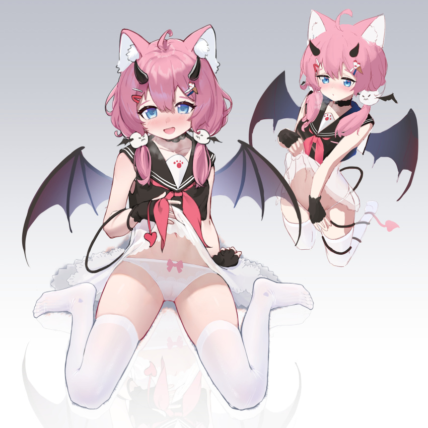 1girl absurdres ahoge animal_ear_fluff animal_ears arm_support bat_wings black_gloves black_serafuku blue_eyes blush bow bow_panties cat_ears clothes_lift crop_top demon_horns demon_tail demon_wings fingerless_gloves gloves gradient_background hair_ornament hairpin highres horns indie_virtual_youtuber kneeling lace-trimmed_skirt lace_trim large_ears lifted_by_self medium_hair midriff multiple_hairpins multiple_views neckerchief on_floor panties pantyhose paw_print pink_bow pink_hair red_neckerchief reflection reflective_floor sailor_collar sakurada_hane school_uniform see-through see-through_skirt serafuku shirt simple_background skirt skirt_lift sleeveless sleeveless_shirt solo tail thighs twintails underwear virtual_youtuber white_panties white_pantyhose white_skirt wings xintianou