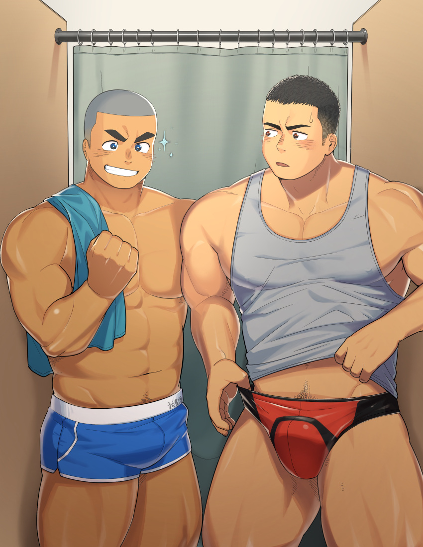 2boys abs absurdres bara bare_arms black_hair blue_eyes blue_male_swimwear blush bulge buzz_cut clenched_hand clothes_lift collarbone commentary_request covered_nipples cowboy_shot dark-skinned_male dark_skin fitting_room grey_shirt grin hand_up highres indoors large_pectorals looking_at_another male_focus male_swimwear multiple_boys muscular muscular_male navel navel_hair no_pants original parted_lips pectorals privacy_screen red_eyes red_male_swimwear sarukichi_6401 shirt shirt_lift short_hair side-by-side sideburns sleeveless sleeveless_shirt smile sparkling_eyes sweatdrop swim_briefs tank_top towel towel_on_one_shoulder very_short_hair