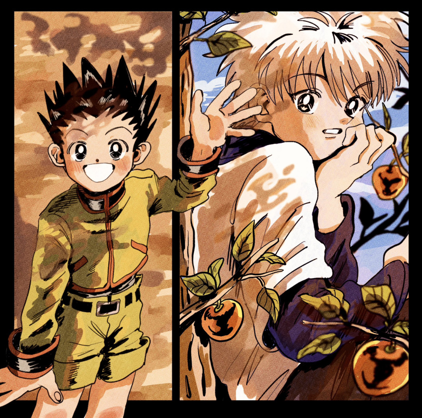 2boys black_hair cowboy_shot gon_freecss green_jacket green_shorts head_rest highres hunter_x_hunter jacket killua_zoldyck layered_sleeves long_sleeves looking_at_another male_child male_focus multiple_boys shirt short_hair short_over_long_sleeves short_sleeves shorts smile spiked_hair toma25252 white_hair white_shirt