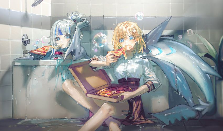 2girls arm_fins bathing bathtub blonde_hair bloop_(gawr_gura) blue_eyes blue_hair breasts brown_skirt bubble cheese_trail collared_shirt faucet figure_four_sitting fins fish_tail food food_on_face gawr_gura gawr_gura_(1st_costume) grey_hair hair_bun hair_ornament hand_up high-waist_skirt highres holding holding_food holding_pizza hololive hololive_english large_breasts medium_hair messy_hair monocle monster_girl multicolored_hair multiple_girls overflowing pizza pizza_box pizza_slice plaid plaid_skirt plant potted_plant quasarcake shark_girl shark_tail shirt shower_head single_hair_bun sitting skirt sleeves_past_elbows stitches streaked_hair syringe syringe_holster tail tile_wall tiles virtual_youtuber water watson_amelia watson_amelia_(1st_costume) white_shirt