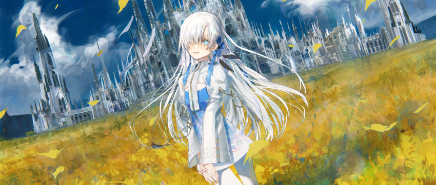 1girl absurdres architecture blue_dress blue_eyes blue_flower blue_hair blue_sky cathedral cleavage_cutout clothing_cutout cloud cloudy_sky cowboy_shot day dress dutch_angle falling_petals field flower flower_field gothic_architecture gradient_dress hair_flower hair_ornament hair_over_one_eye head_tilt highres isekai_joucho isekai_joucho_(artist) juliet_sleeves kamitsubaki_studio long_hair long_sleeves looking_at_viewer multicolored_hair open_mouth outdoors pantyhose petals puffy_sleeves shrug_(clothing) sky solo standing streaked_hair v_arms virtual_youtuber white_dress white_hair white_pantyhose wide_sleeves yellow_flower