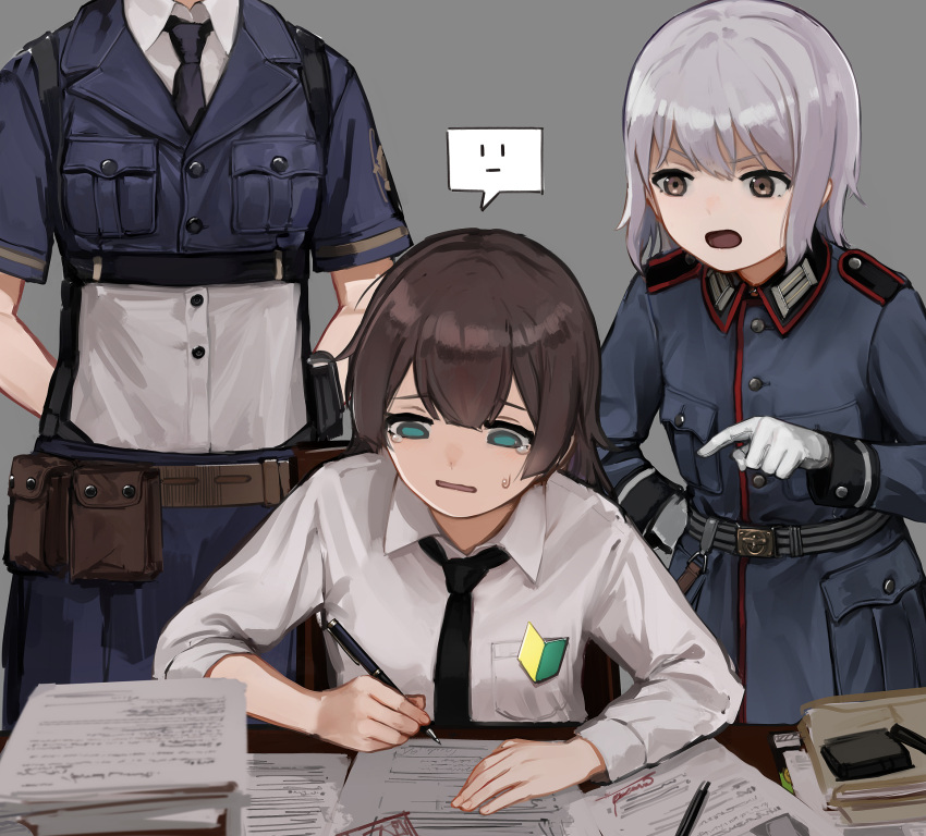 3girls arms_behind_back belt belt_pouch black_necktie blue_skirt breast_pocket brown_eyes brown_hair buttons chair collared_shirt commander_(girls'_frontline) desk dress_shirt epaulettes female_commander_(girls'_frontline) fg42_(girls'_frontline) folder girls'_frontline gloves green_eyes grey_background hand_on_own_hip head_out_of_frame highres load_bearing_equipment long_hair long_sleeves military_uniform multiple_girls necktie on_chair p08_(girls'_frontline) paper pen pocket pointing pouch rampart1028 shirt short_sleeves sitting skirt standing sweatdrop tearing_up tunic uniform white_gloves white_shirt working