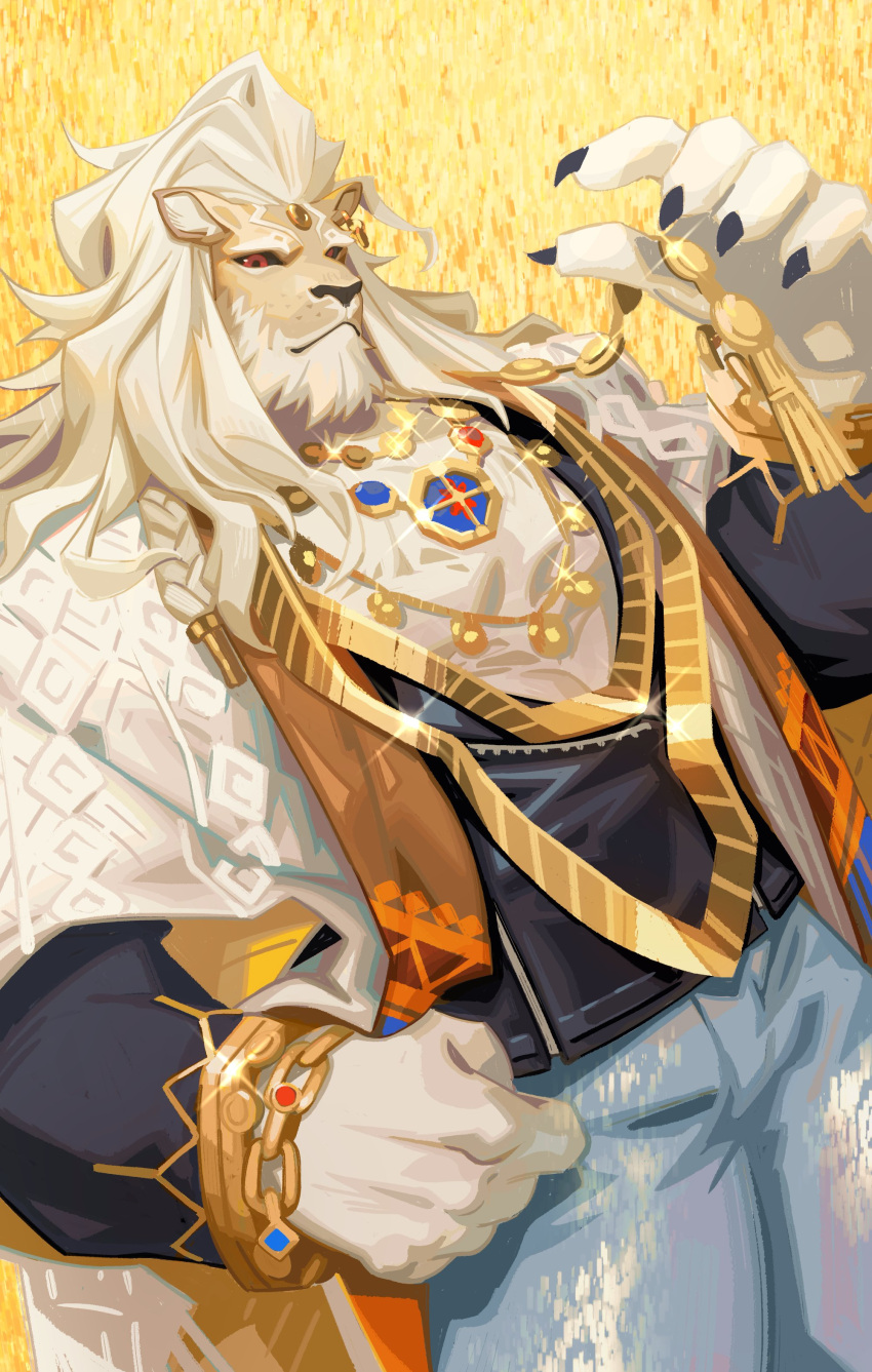 absurdres accessories black_nails claws denim dislyte earrings furry furry_male highres javid_(shamash)_(dislyte) jewelry lion_boy long_hair looking_at_viewer male_focus mane necklace neilos red_eyes solo sparkle white_hair