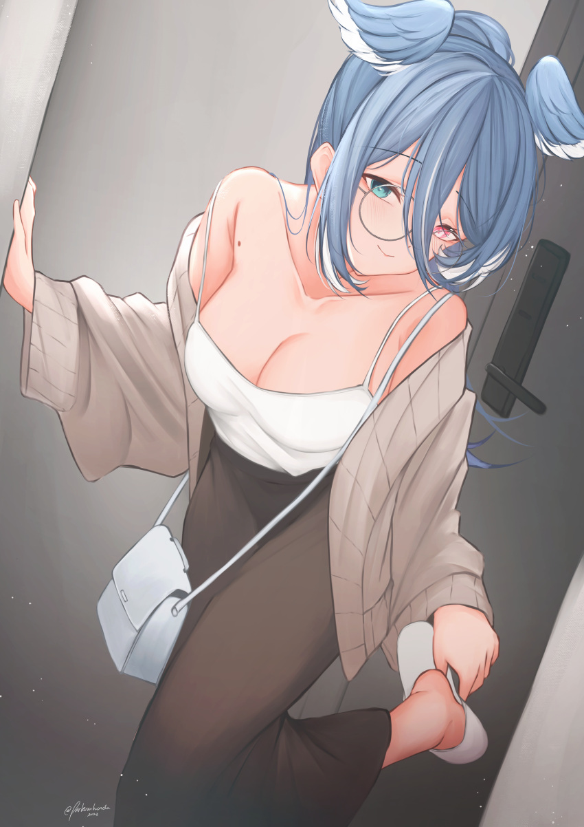 1girl absurdres artist_name bag bare_shoulders blue_eyes blue_hair blue_wings breasts brown_skirt camisole cardigan cleavage closed_mouth commentary door elira_pendora elira_pendora_(3rd_costume) english_commentary foot_out_of_frame glasses grey_cardigan hair_between_eyes handbag head_wings heterochromia highres indoors large_breasts leg_up light_particles long_hair long_skirt long_sleeves looking_at_viewer mole multicolored_hair nijisanji nijisanji_en off_shoulder official_alternate_costume open_cardigan open_clothes parkiranhonda purple_eyes removing_shoes skirt smile solo standing textless_version virtual_youtuber white_bag white_camisole white_footwear white_hair wings