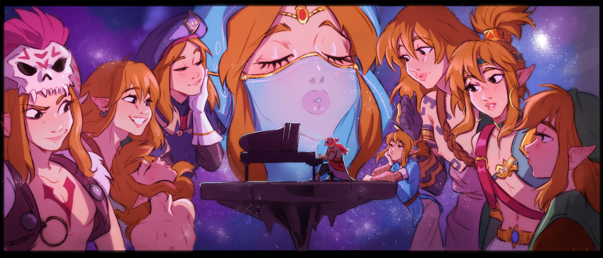 barbarian_set_(zelda) blonde_hair crossdressing desert_voe_set_(zelda) ganondorf gerudo_set_(zelda) high_ponytail highres instrument link looking_at_another mario_(series) medium_hair music nipples official_alternate_costume otoko_no_ko parody piano playing_instrument playing_piano pointy_ears pursed_lips ripushko royal_guard_set_(zelda) skull_on_head smile strap tattoo the_legend_of_zelda the_legend_of_zelda:_breath_of_the_wild the_legend_of_zelda:_tears_of_the_kingdom the_super_mario_bros._movie veil