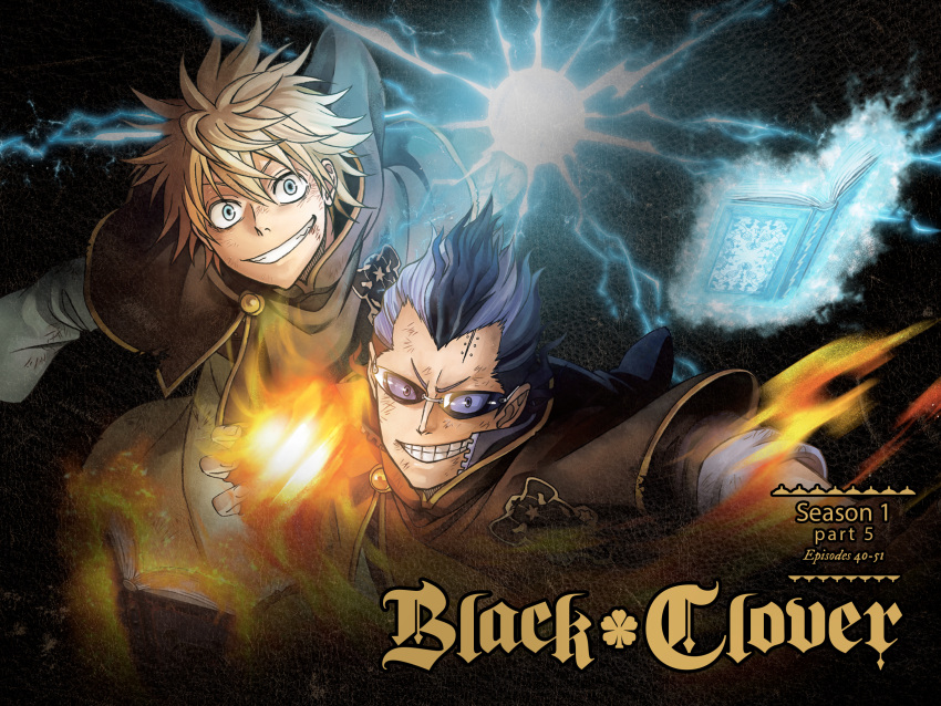 2boys black_clover blonde_hair blue_aura book bruise cover crazy_eyes crazy_smile dvd_cover electricity electrokinesis fiery_aura fire floating floating_book floating_object grimoire grin highres incoming_attack injury luck_voltia magna_swing male_focus multiple_boys official_art pyrokinesis short_hair smile spiked_hair stitches sunglasses tabata_yuuki upper_body