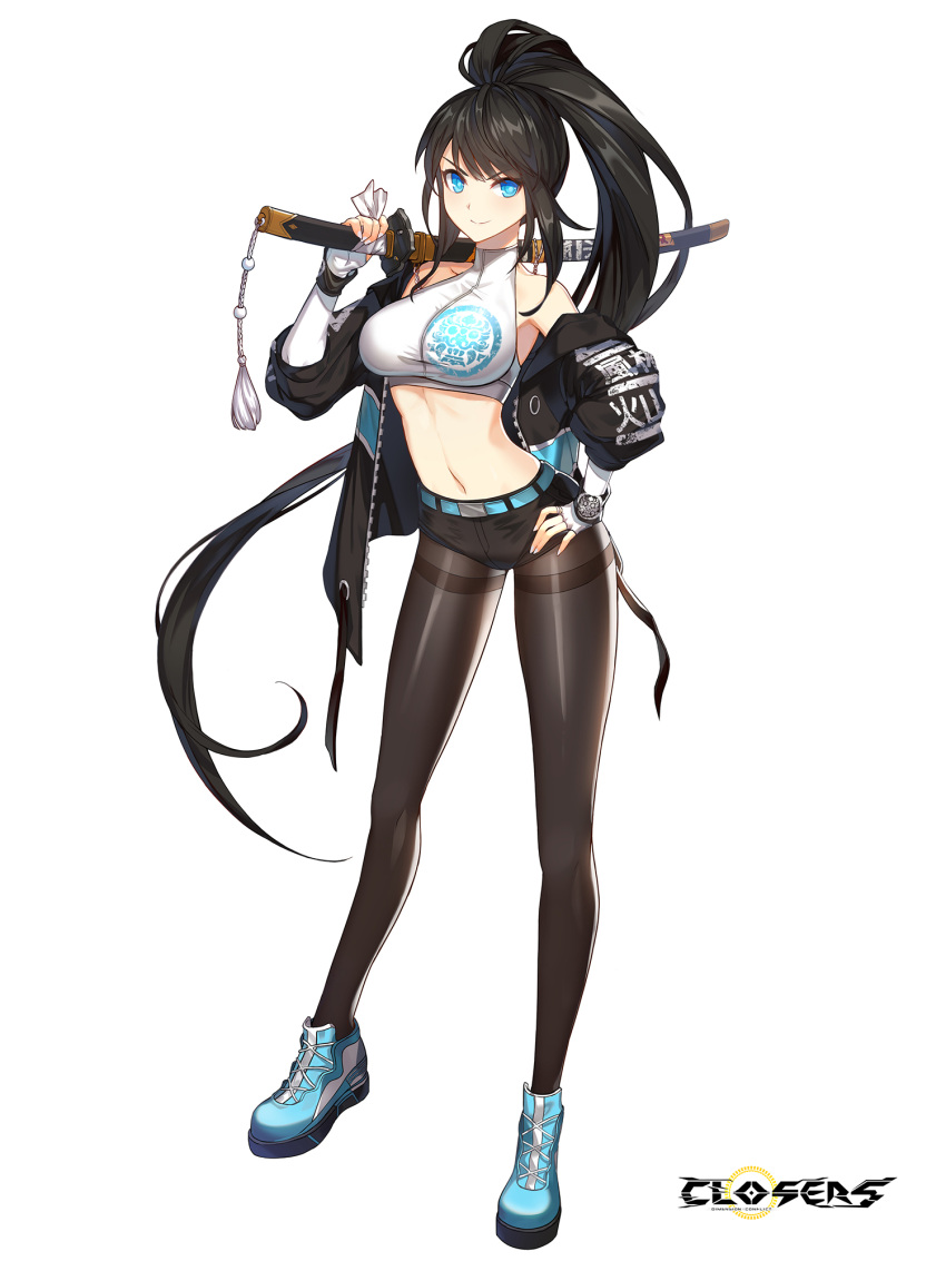 1girl armpits bare_shoulders belt black_hair black_jacket black_shorts blue_eyes blue_footwear breasts brown_pantyhose closers crop_top fingerless_gloves full_body gloves hand_on_own_hip hand_up high_ponytail highres holding holding_sword holding_weapon jacket katana large_breasts long_hair long_legs long_sleeves looking_at_viewer midriff navel non-web_source off_shoulder official_art open_clothes open_jacket over_shoulder pantyhose ponytail puffy_sleeves sheath sheathed shirt shoes short_shorts shorts sidelocks sleeveless sleeveless_shirt sleeveless_turtleneck smile solo stomach sword tassel taut_clothes thighband_pantyhose turtleneck v-shaped_eyebrows very_long_hair weapon weapon_over_shoulder white_shirt yuri_seo