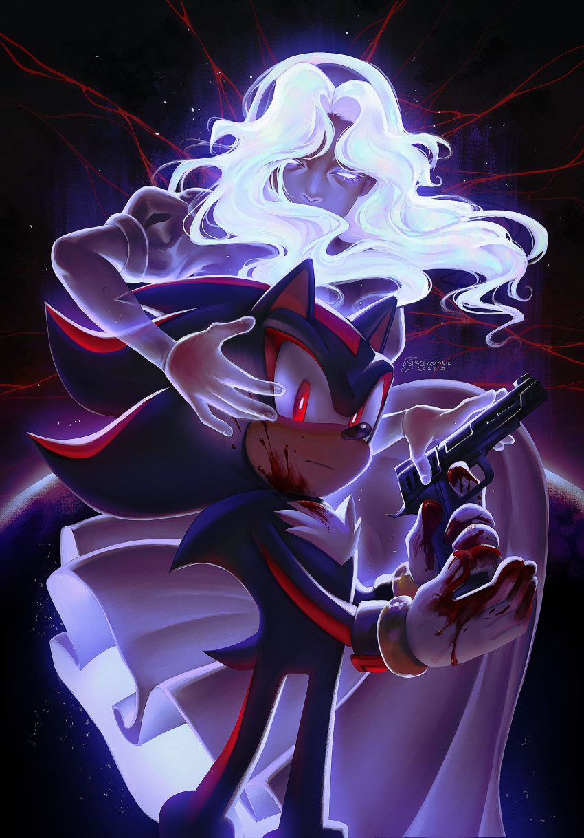 1boy 1girl animal_ears artist_name blood_on_gloves dated dress furry furry_male ghost gloves glowing glowing_eyes glowing_hair gun handgun highres holding holding_gun holding_weapon long_hair looking_at_viewer no_pupils puffy_short_sleeves puffy_sleeves red_eyes shadow_the_hedgehog short_sleeves sonic_(series) spacecolonie watermark weapon white_dress white_eyes white_gloves white_hair