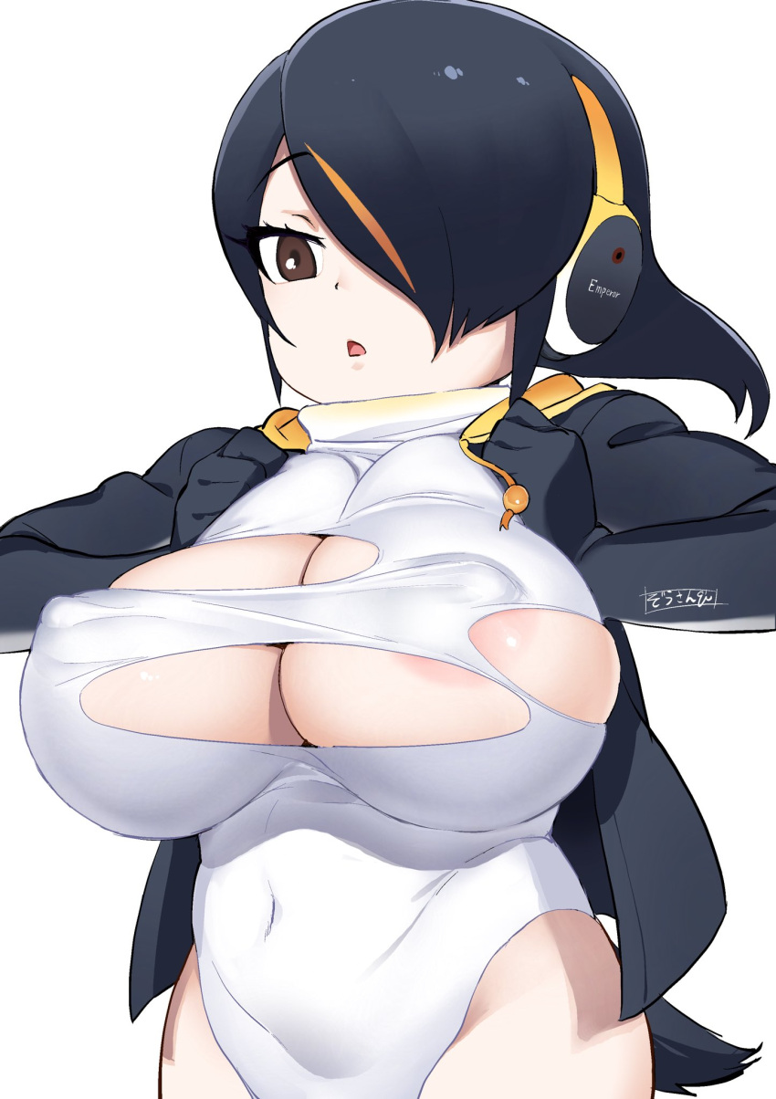 1girl areola_slip black_hair breasts brown_eyes covered_nipples emperor_penguin_(kemono_friends) hair_over_one_eye headphones highleg highres hood hoodie huge_breasts jacket kemono_friends leotard long_hair masuyama_ryou multicolored_hair open_mouth solo streaked_hair thighhighs torn_clothes torn_leotard white_leotard