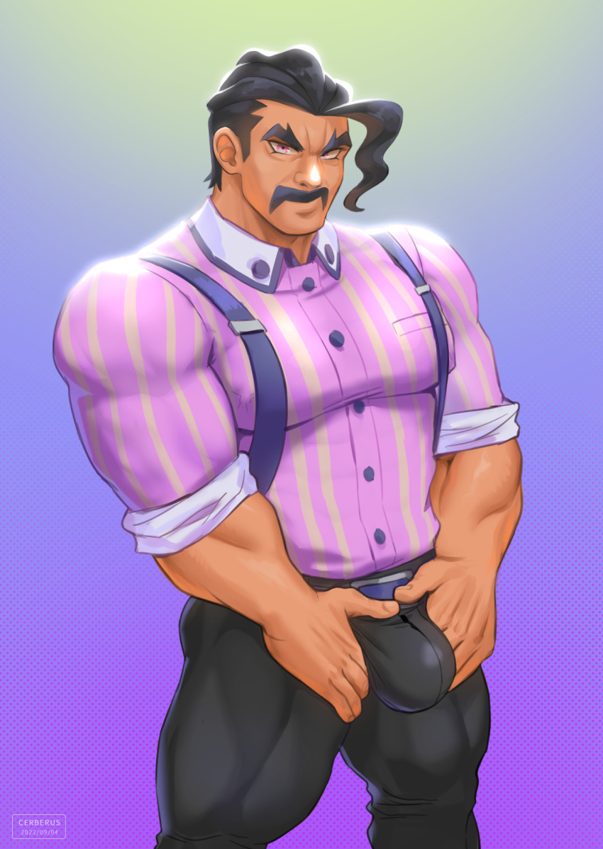 1boy bara black_hair bulge cerberus_arts collared_shirt crotch_grab dark-skinned_male dark_skin facial_hair feet_out_of_frame highres large_pectorals male_focus mature_male muscular muscular_male mustache pants pectorals pink_shirt pokemon pokemon_(game) pokemon_sv saguaro_(pokemon) shirt short_hair sideburns sleeves_rolled_up smile solo standing suspenders thick_eyebrows thighs tight_clothes tight_pants