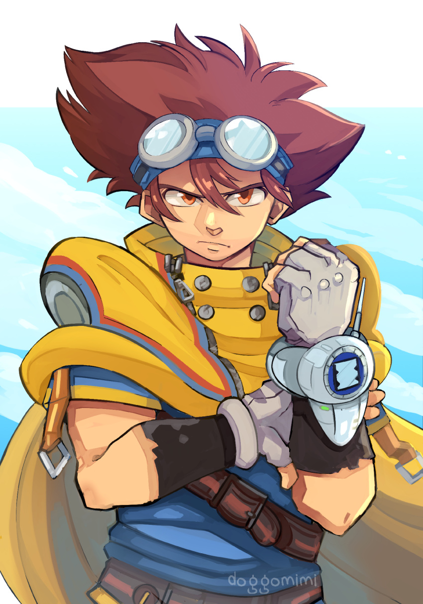 1boy artist_name belt blue_shirt brown_belt brown_eyes brown_hair cape digimon doggomimi fingerless_gloves gloves goggles goggles_on_head grey_gloves highres looking_at_viewer male_focus shirt short_sleeves solo upper_body watermark yagami_taichi yellow_cape