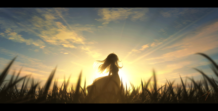 1girl absurdres backlighting bare_shoulders closed_eyes dress grass highres long_hair meadow nengoro original parted_lips scenery sunlight sunset wind