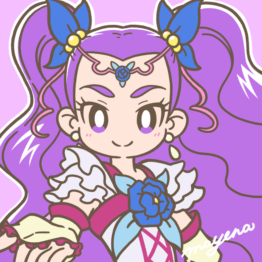 blush brooch closed_mouth earrings frills gloves hair_ornament highres jewelry long_hair magical_girl mayena milky_rose outstretched_hand precure purple_background purple_eyes purple_hair signature simple_background smile twintails yes!_precure_5 yes!_precure_5_gogo!