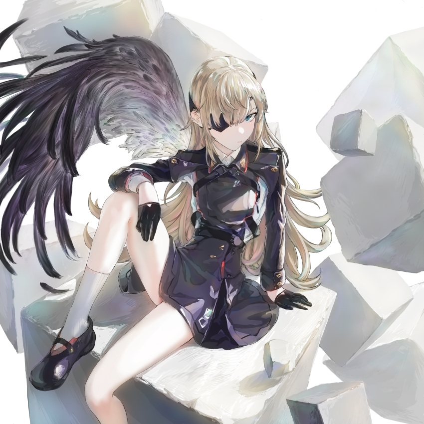 1girl absurdres aqua_eyes black_gloves blonde_hair blush elazale eyepatch feathered_wings flat_chest gloves goddess_of_victory:_nikke guillotine_(nikke) highres long_hair looking_at_viewer mary_janes military_uniform shoes single_wing sitting socks solo uniform white_socks wings