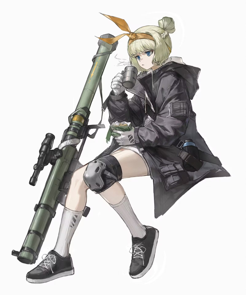 1girl bandana black_jacket blonde_hair blue_eyes braid countryman_(artist) cup field_ration full_body girls'_frontline gloves hair_bun highres holding holding_cup hood hood_down hooded_jacket jacket knee_pads mk_153_(girls'_frontline) mug rocket_launcher second-party_source shoes short_hair simple_background single_knee_pad sitting sneakers socks solo weapon white_background white_gloves white_socks