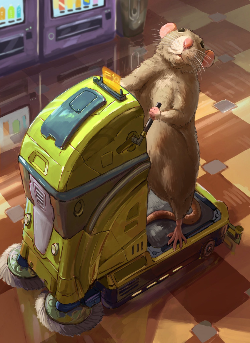 2023 5_toes anthro biped cleaning detailed_background feet hi_res humanoid_hands inside mammal murid murine nejumipro pink_nose rat rodent solo toes vending_machine