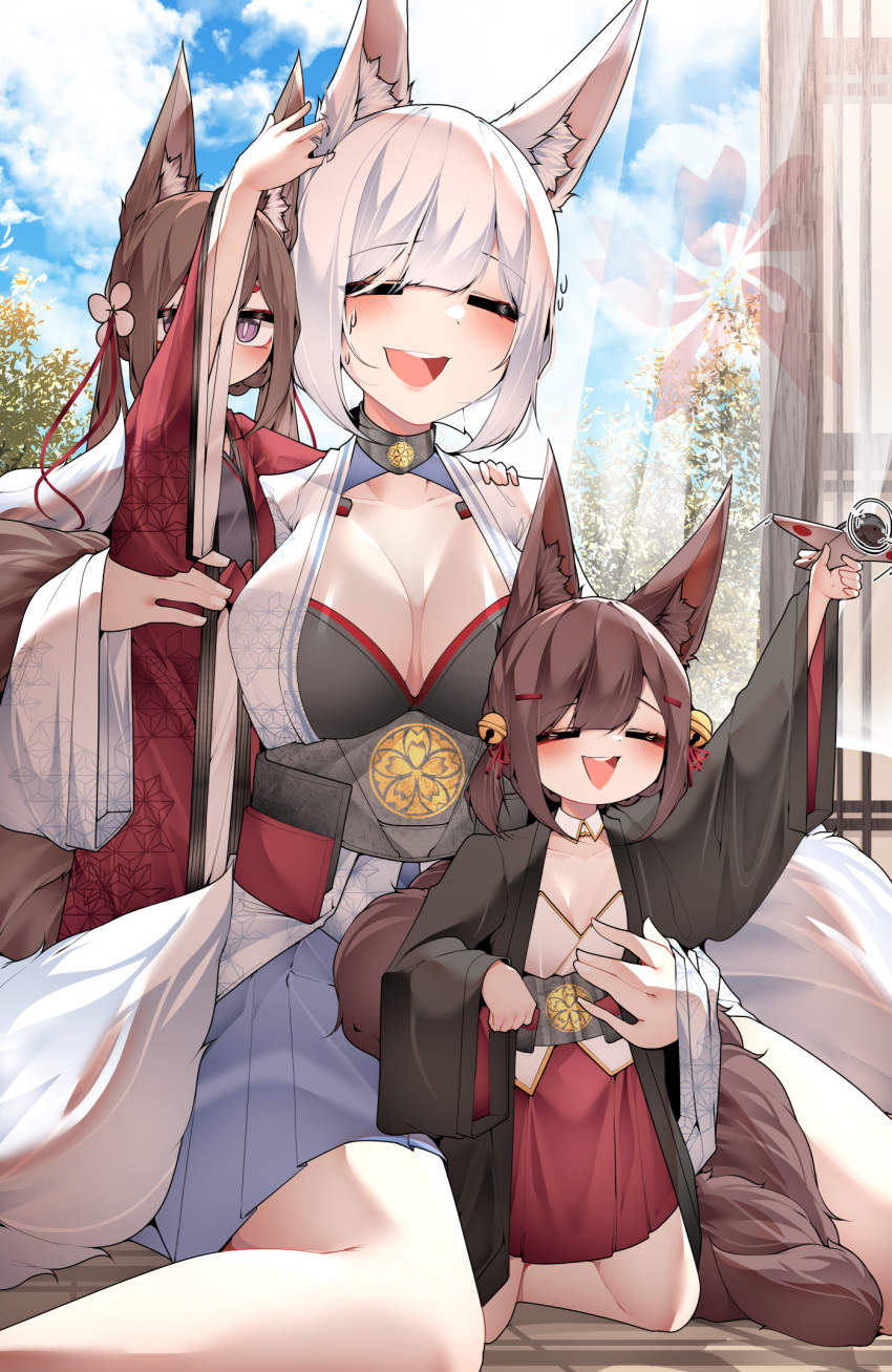 3girls =_= age_difference akagi-chan_(azur_lane) amagi-chan_(azur_lane) animal_ear_fluff animal_ears arm_up azur_lane bell black_choker black_kimono black_sash blue_skirt blue_sky blunt_bangs blush breasts brown_hair choker cleavage closed_eyes cloud cloudy_sky collar commentary dated_commentary detached_collar english_commentary floor flower fox_ears fox_girl hair_flower hair_ornament hand_in_another's_hair hand_on_another's_shoulder hand_up highres holding holding_toy japanese_clothes kaga_(azur_lane) kimono kneeling large_breasts long_hair motion_lines multiple_girls obi one-armed_hug open_mouth print_kimono purple_shirt red_kimono red_skirt samip sash shirt short_hair sitting sitting_between_lap skirt sky smile sweatdrop teeth toy toy_airplane tree upper_teeth_only white_collar white_hair white_kimono window