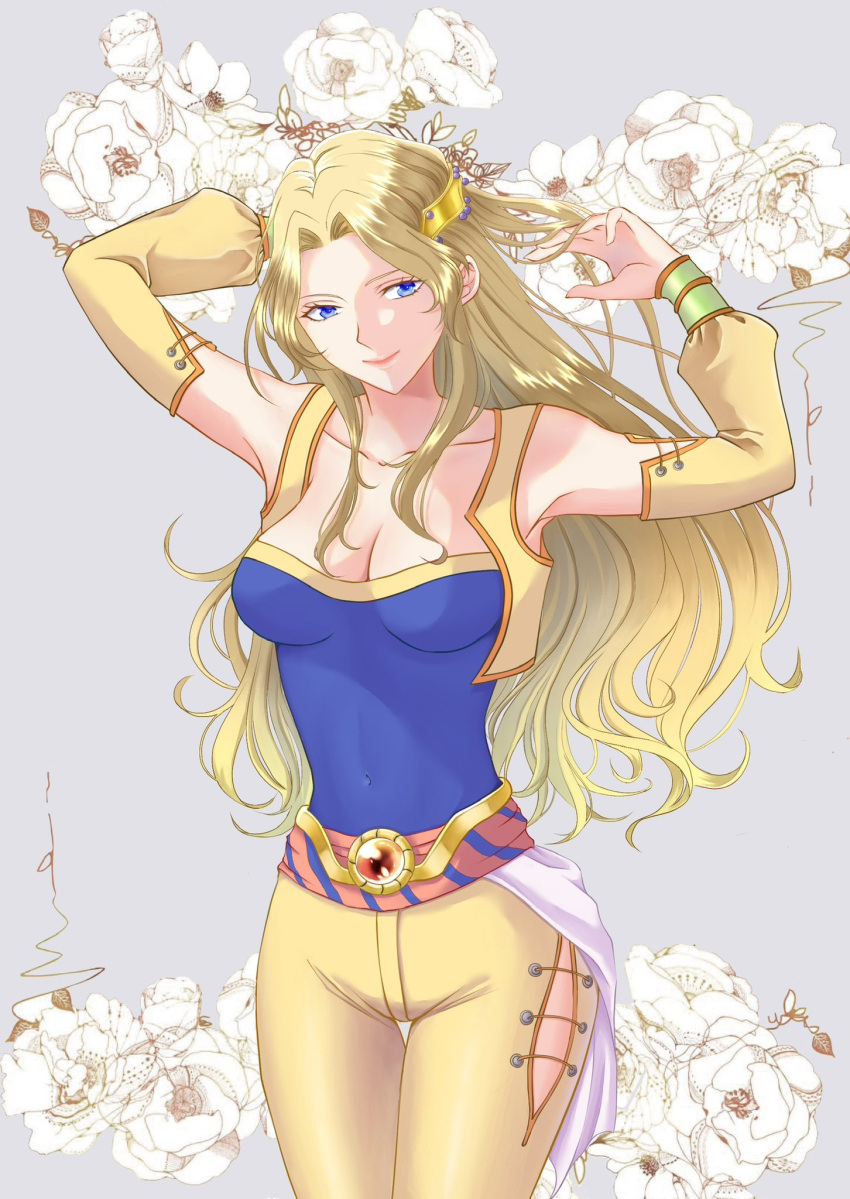 1girl arms_up bagel_dffoo blonde_hair blue_eyes blue_shirt breasts celes_chere cleavage final_fantasy final_fantasy_vi flower gold_trim grey_background hair_ornament highres long_hair medium_breasts pants shirt smile solo vest yellow_pants yellow_vest