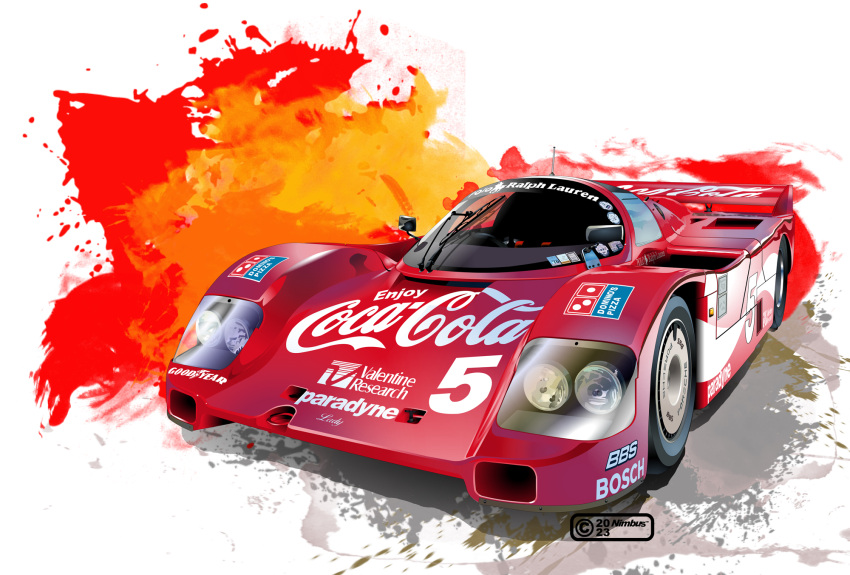 car coca-cola domino's_pizza goodyear highres motor_vehicle nimbus_goldbrum no_humans original porsche porsche_962 race_vehicle racecar spoiler_(automobile) sponsor sports_car vehicle_focus