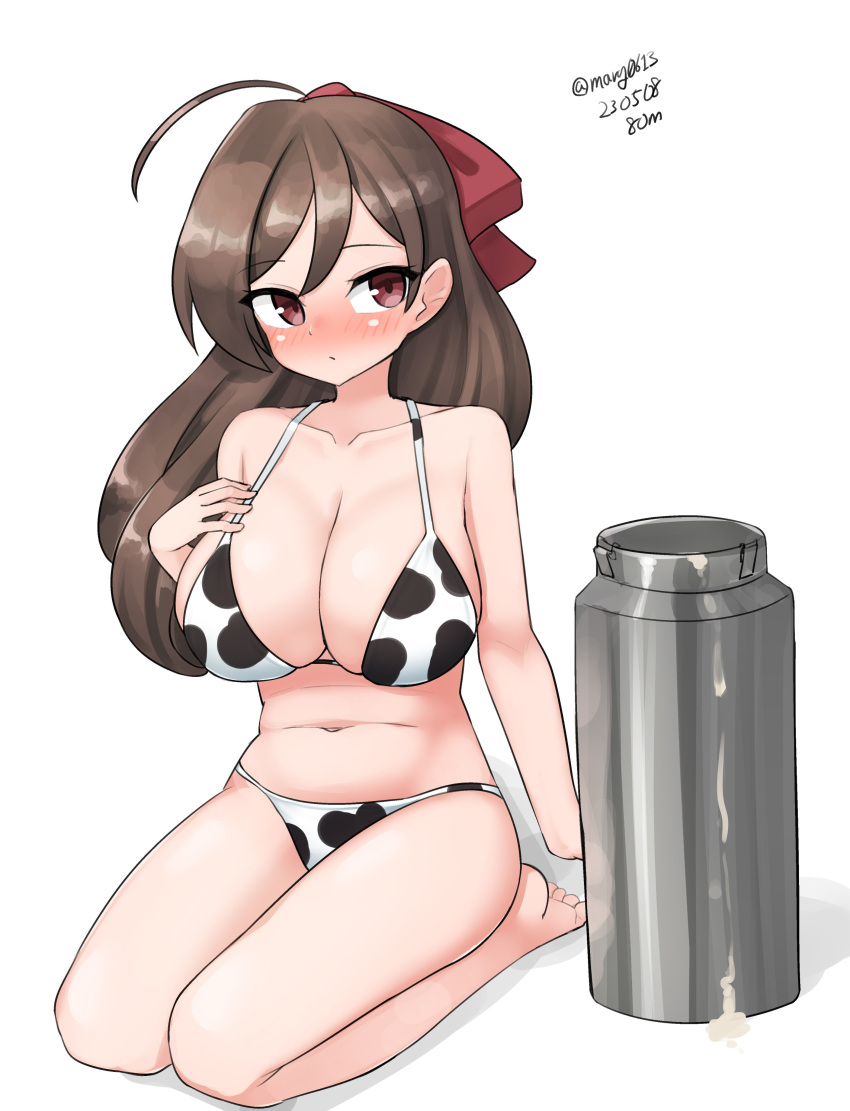 1girl absurdres ahoge animal_print bikini breasts brown_hair cleavage cow_print dated hair_ribbon highres kantai_collection large_breasts long_hair mamiya_(kancolle) maru_(marg0613) milk_churn navel one-hour_drawing_challenge red_eyes red_ribbon ribbon seiza simple_background sitting solo swimsuit twitter_username white_background white_bikini