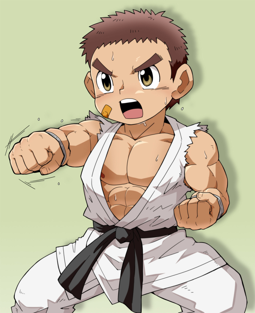 1boy bandaid bandaid_on_cheek bandaid_on_face belt black_belt brown_hair clenched_hands commentary_request difeihong dougi facing_viewer fighting_stance green_background highres hunter_x_hunter incoming_attack incoming_punch male_focus muscular muscular_child open_mouth punching short_hair simple_background solo zushi